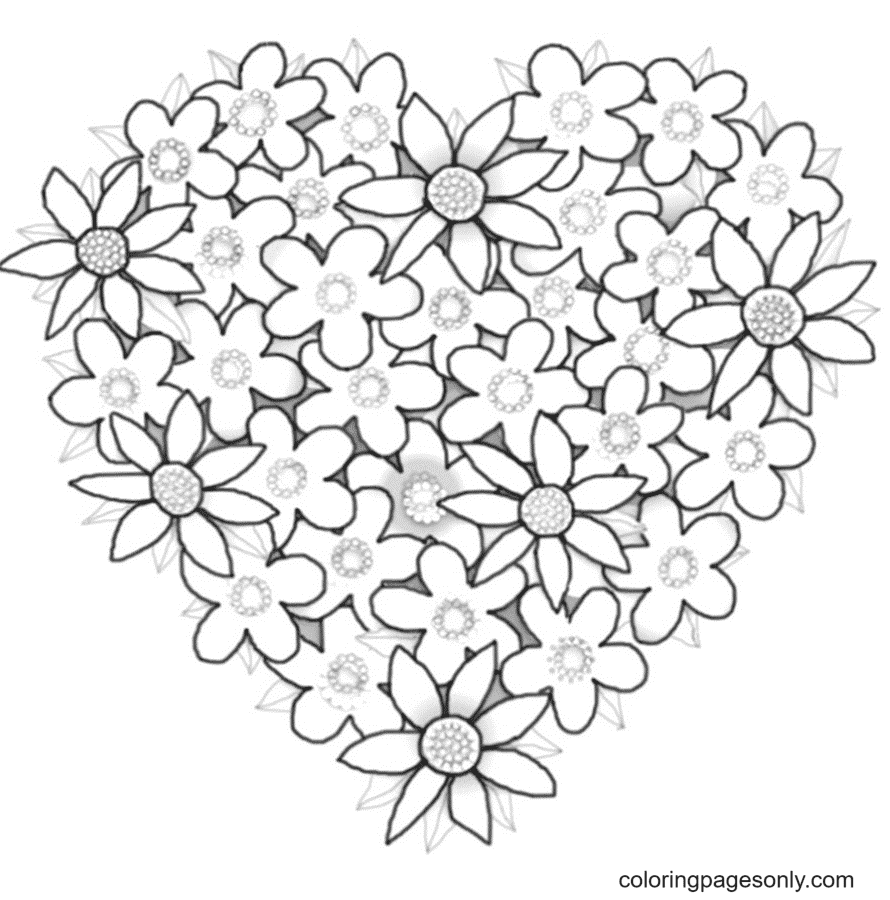 Página para colorear de corazón de hermosas flores