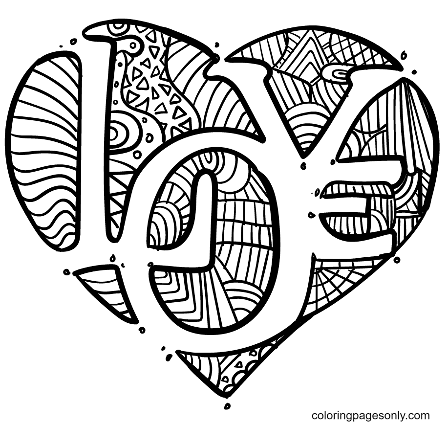 Desenho de Coração com amor no meio para colorir