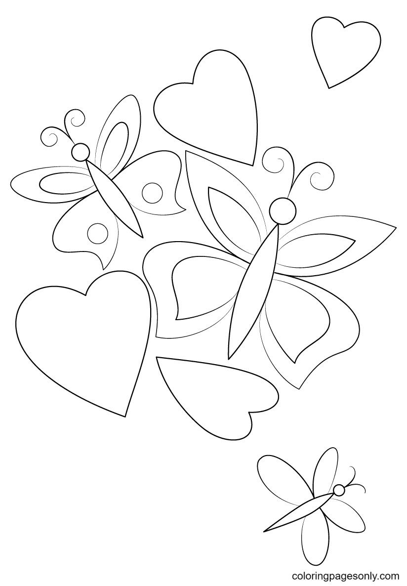 Hearts and Butterflies Coloring Page