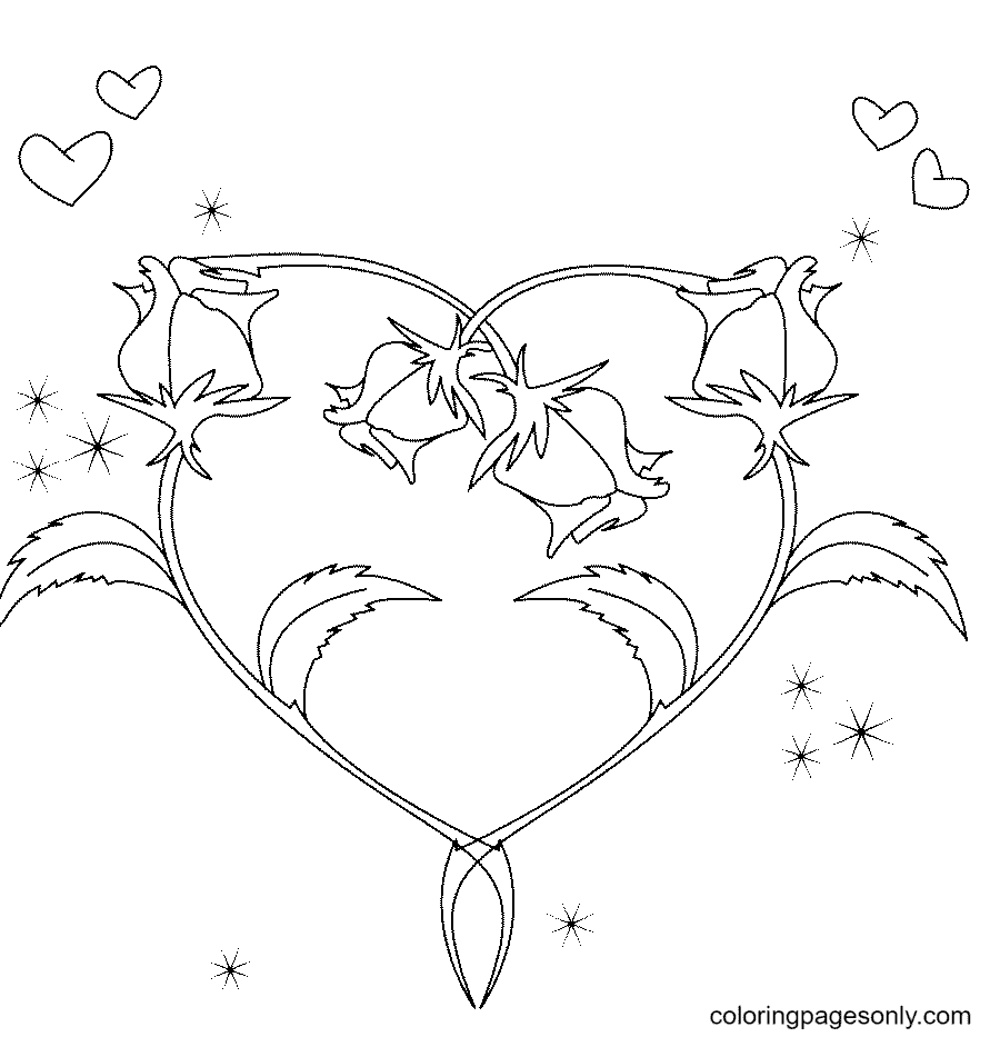 Hearts and Rose Flowers Coloring Page
