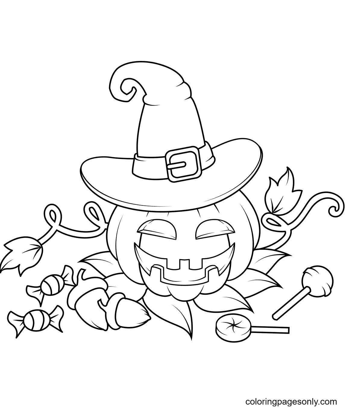 Jack O’Lantern in a Witch Hat with Candies Coloring Page