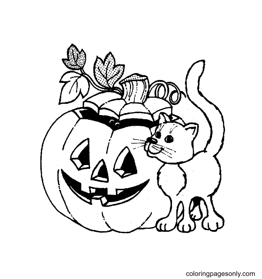 Jack o’ Lantern and Cat Coloring Page