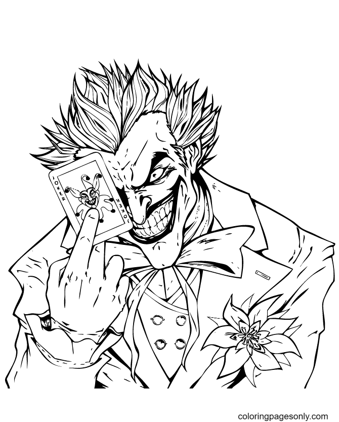 Joker ri assustadoramente segurando uma carta do Joker