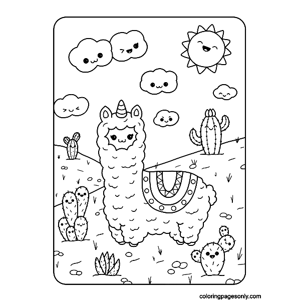 Kawaii llamas and cactus Coloring Page