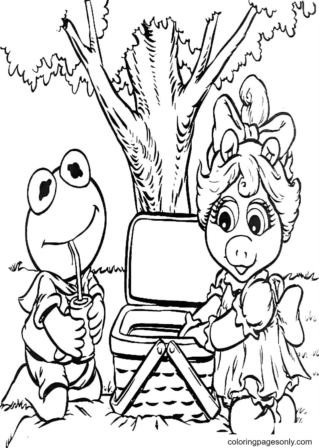 Kermit and Miss Piggy on a Picnic Coloring Page
