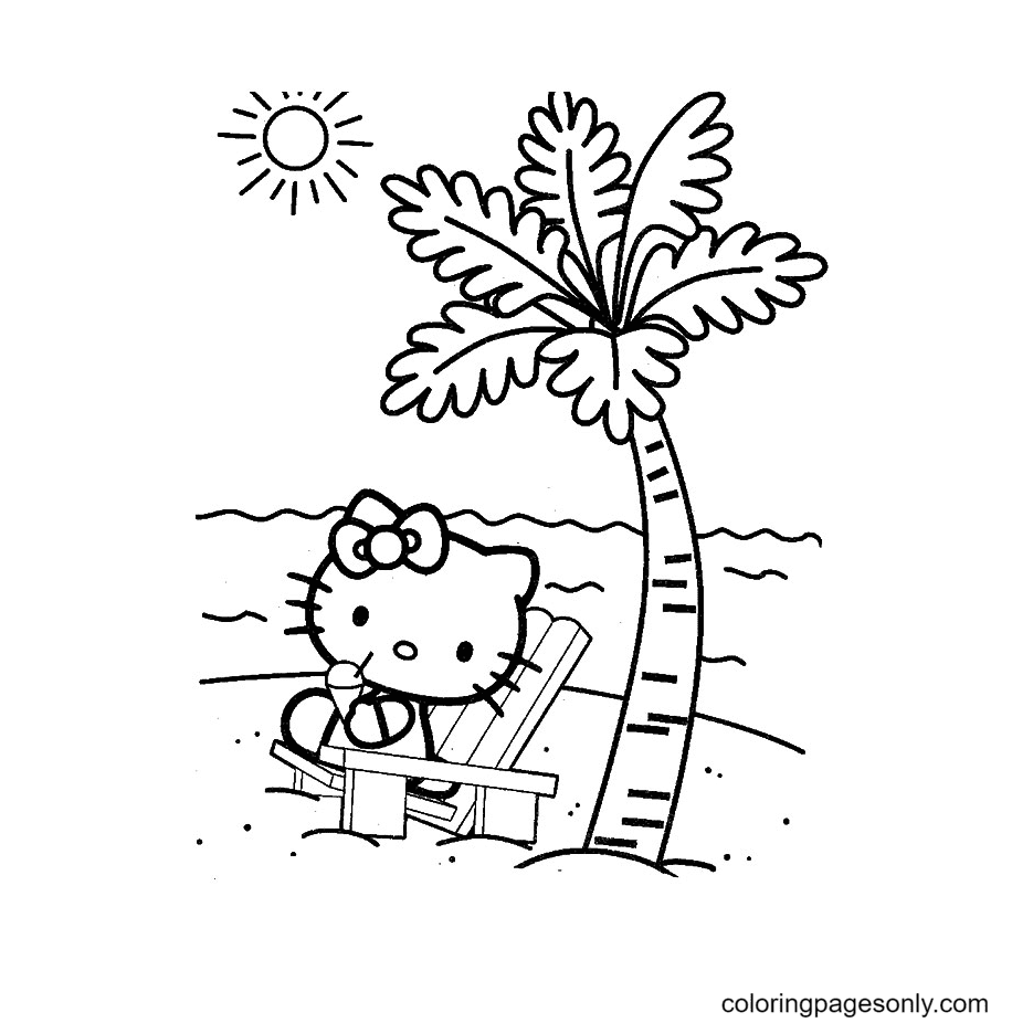 Kitten Hello Kitty on the beach Coloring Page