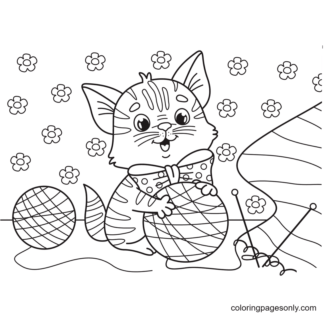 Kitten Hugs a Ball of Yarn Coloring Page