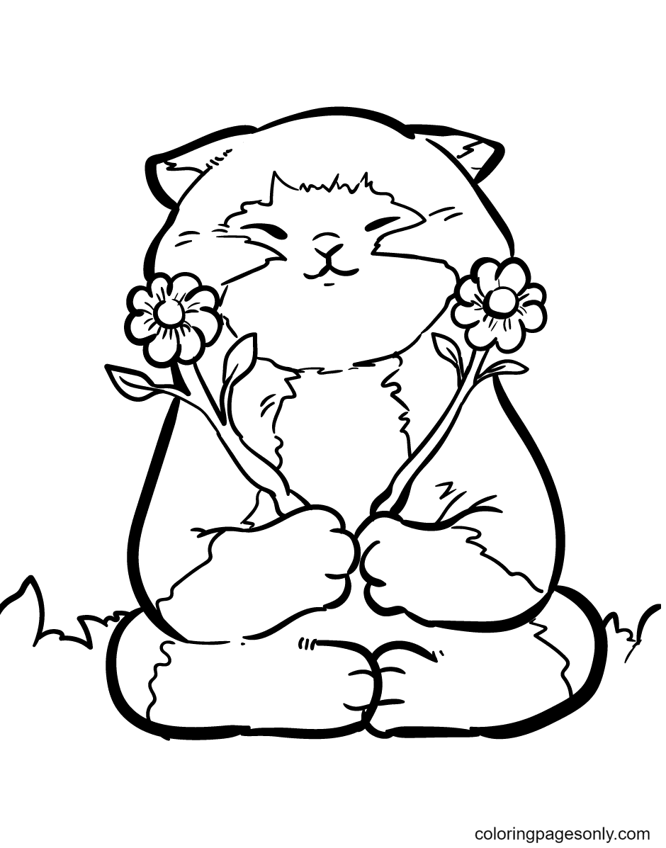 Kitten Is Delighted With Two Flowers Coloring Page