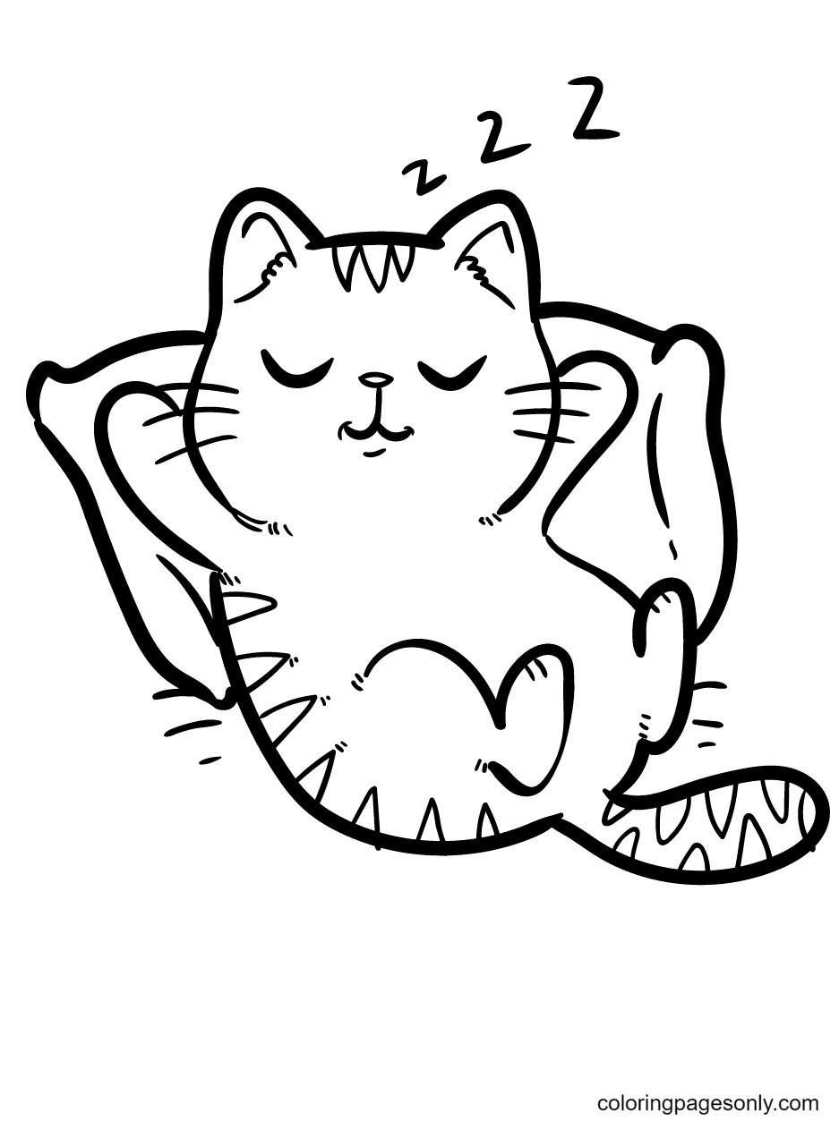 Kitten Laying On a Pillow and Snoring Coloring Page