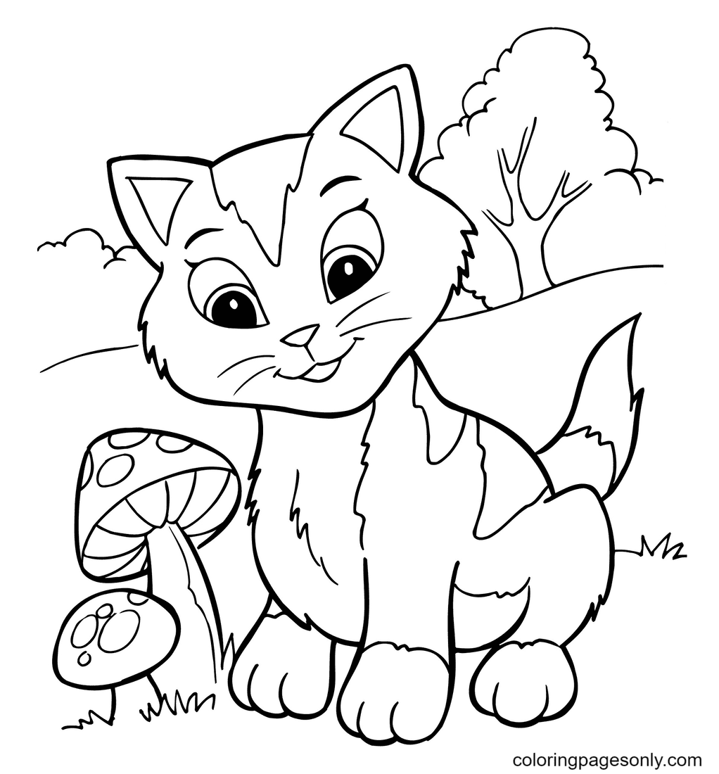 Kitten Next To Mushrooms Coloring Page