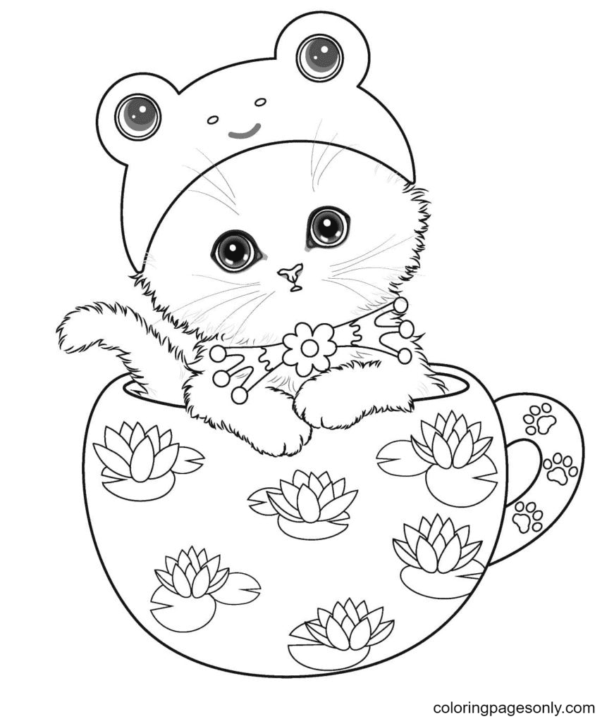 Kitten Wearing a Cute Frog Hat Sitting In A Cup Coloring Page