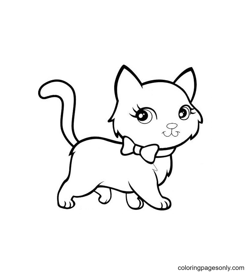 Kitten With A Beautiful Bow On Neck Coloring Pages