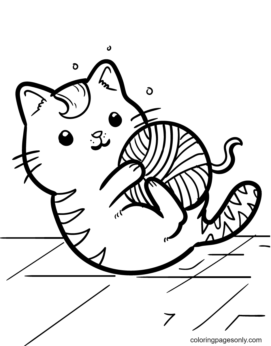 Kitten and a ball of yarn Coloring Page
