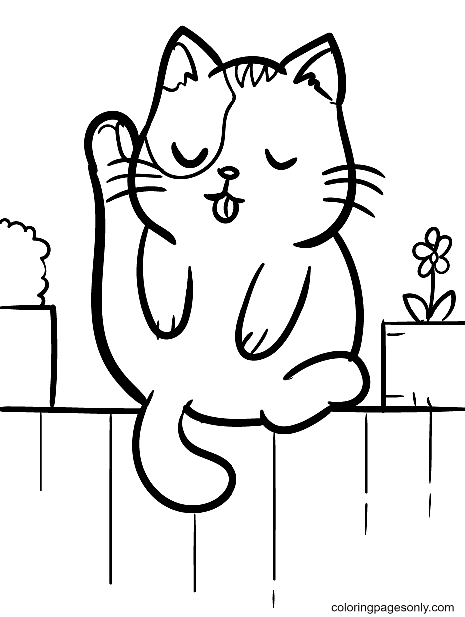 Gatito se sienta en la valla y se lame para mantenerse limpio Página para colorear