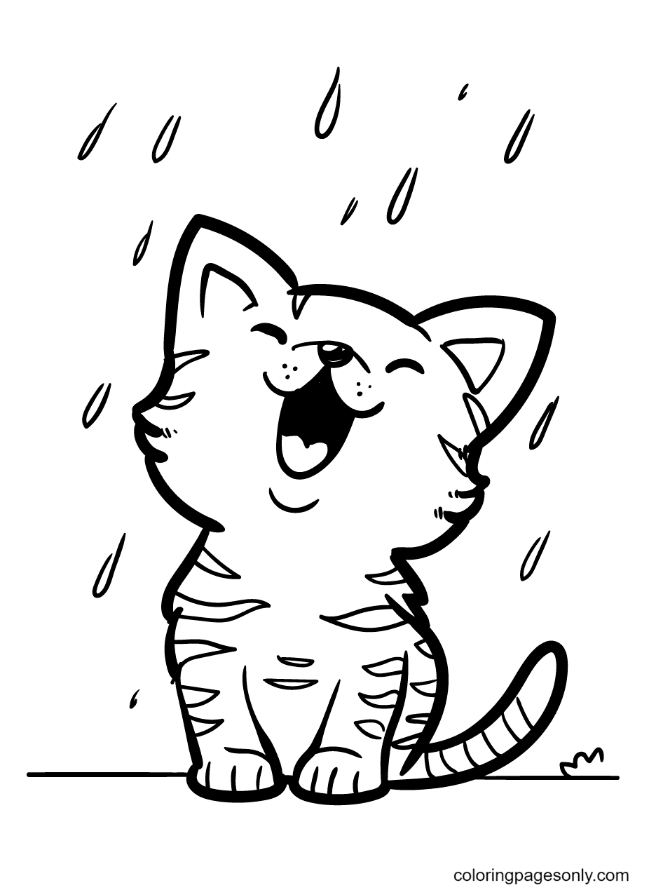 小猫坐在雨中喵喵叫着色页