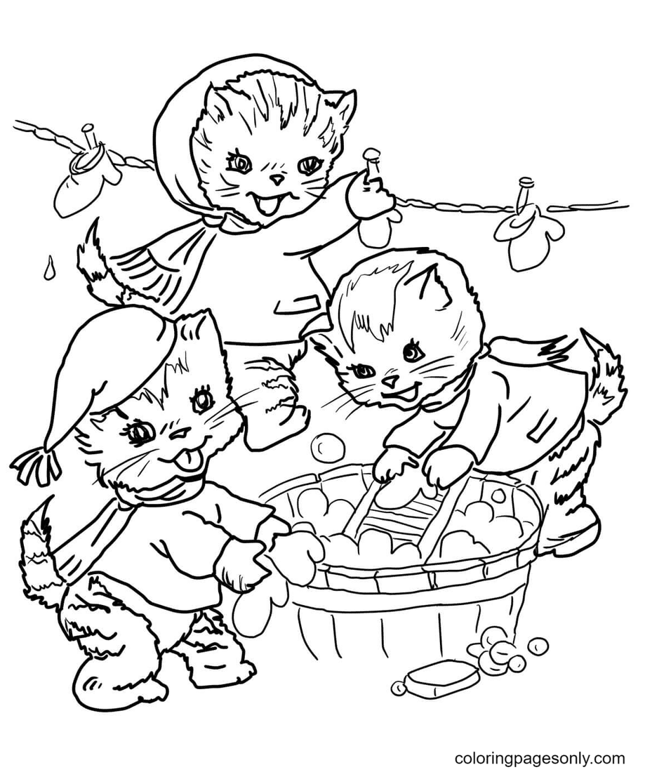 Kittens Washing and Drying Clothes Coloring Page