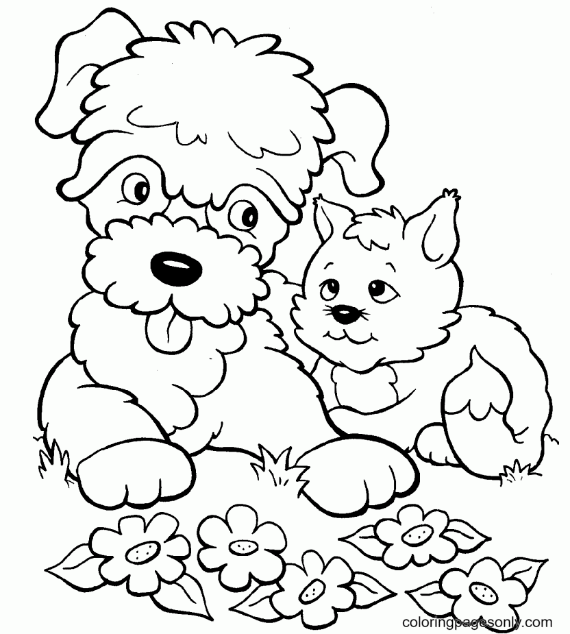 القطط والكلاب مع تلوين الزهور الصفحة
