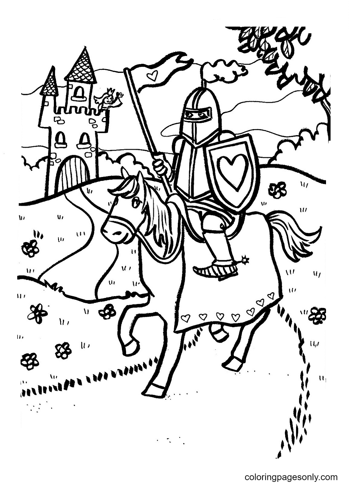 desenho de Cavaleiro na frente do castelo para colorir