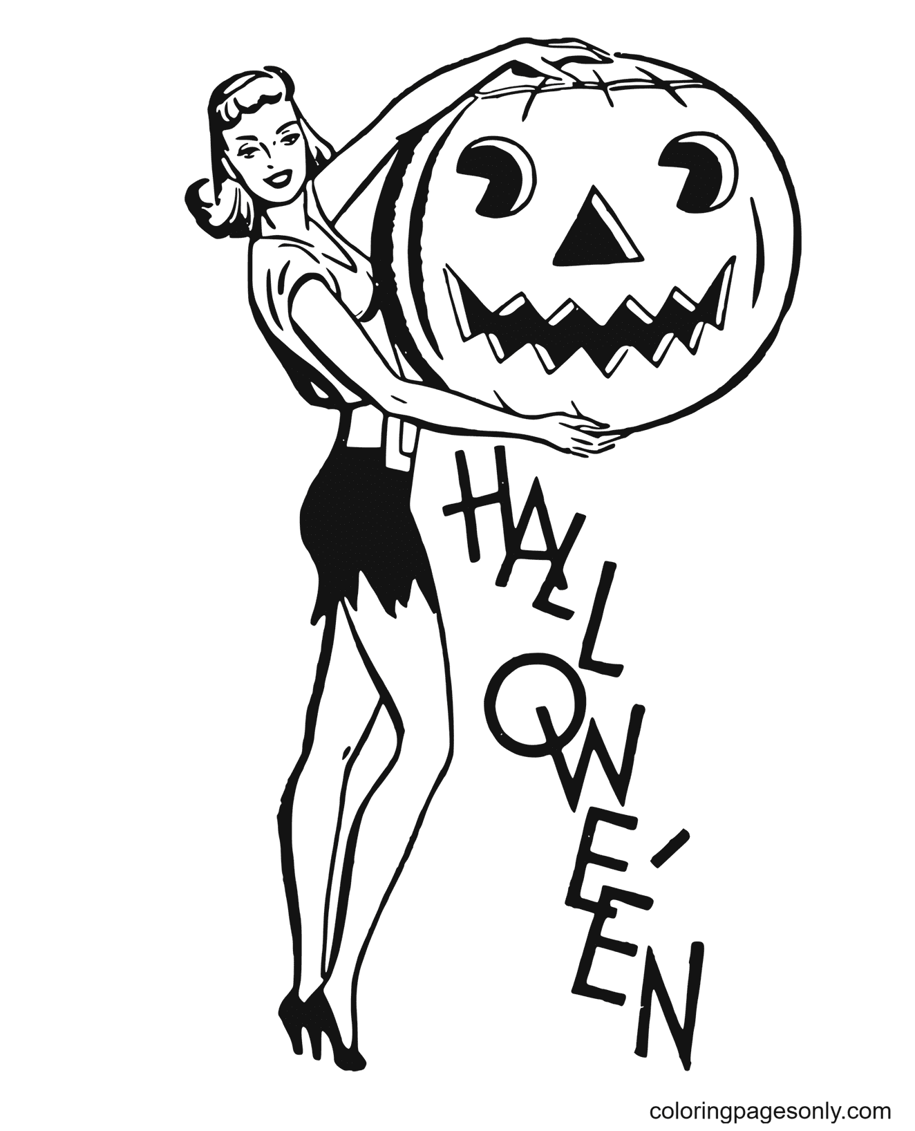 Lady with Jack-o-lantern Coloring Page