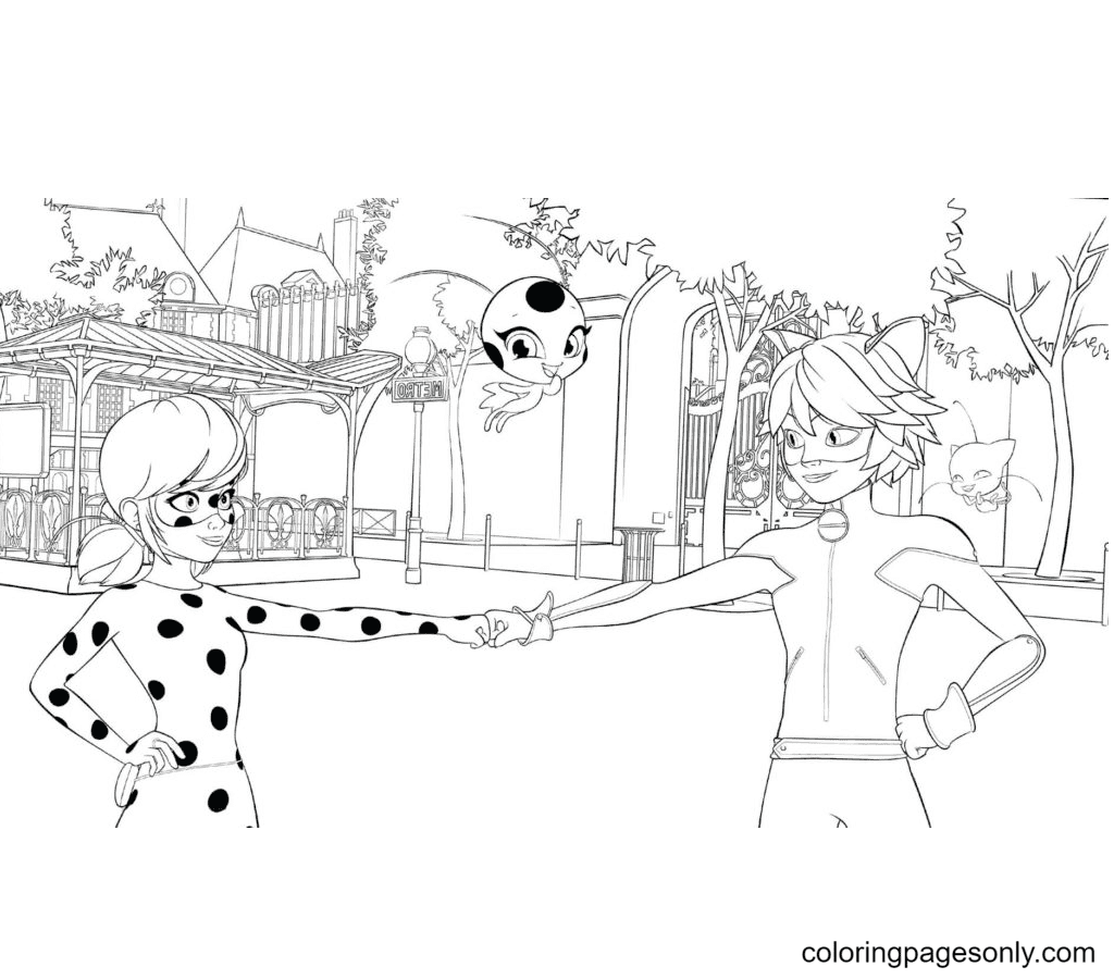 Ladybug and Cat Noir Get Along Coloring Page
