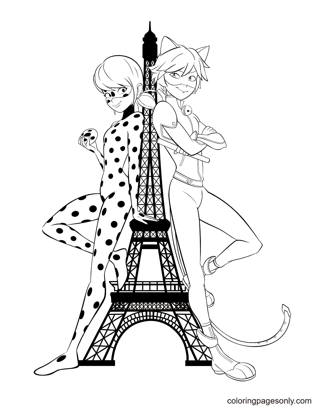 Ladybug and Cat Noir and Eiffel Tower Coloring Page