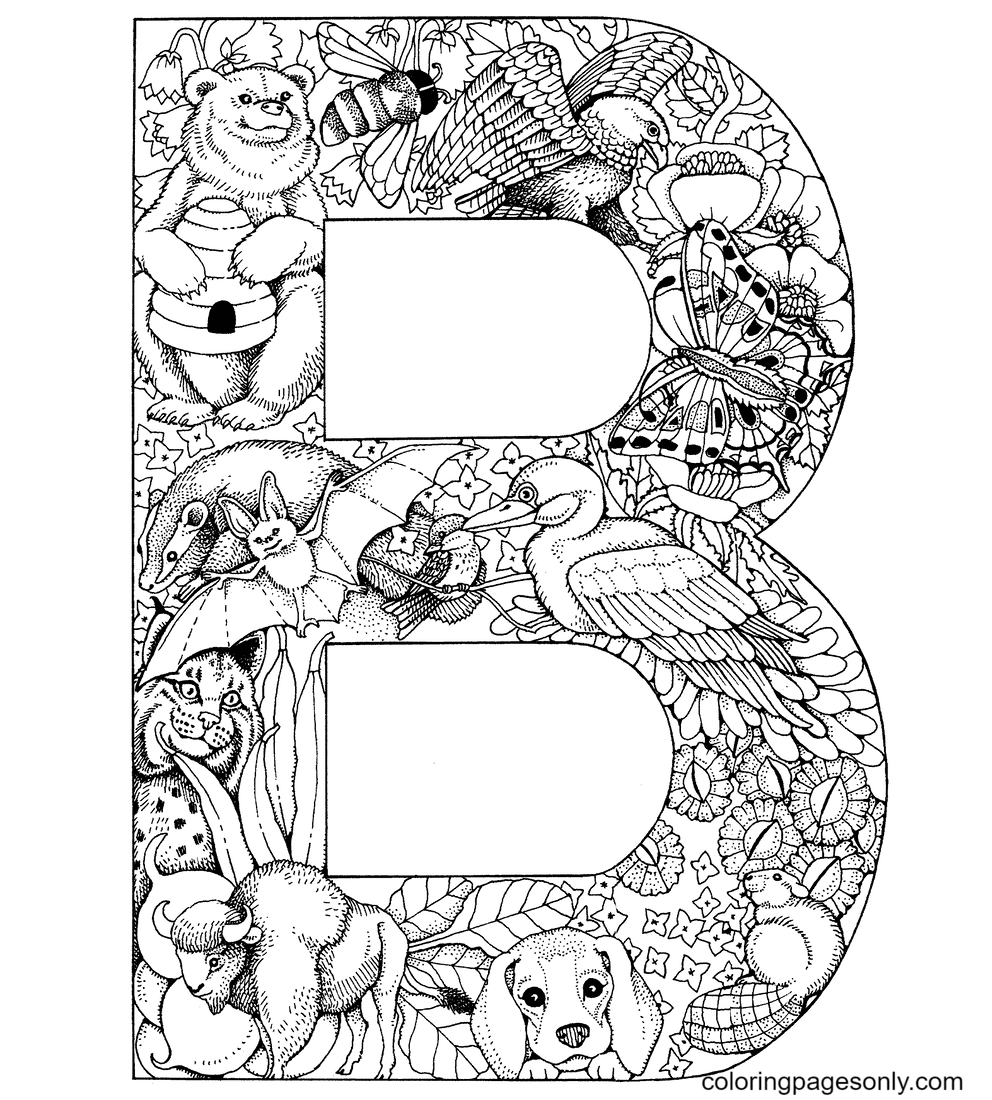 Letter B with Animals Coloring Page
