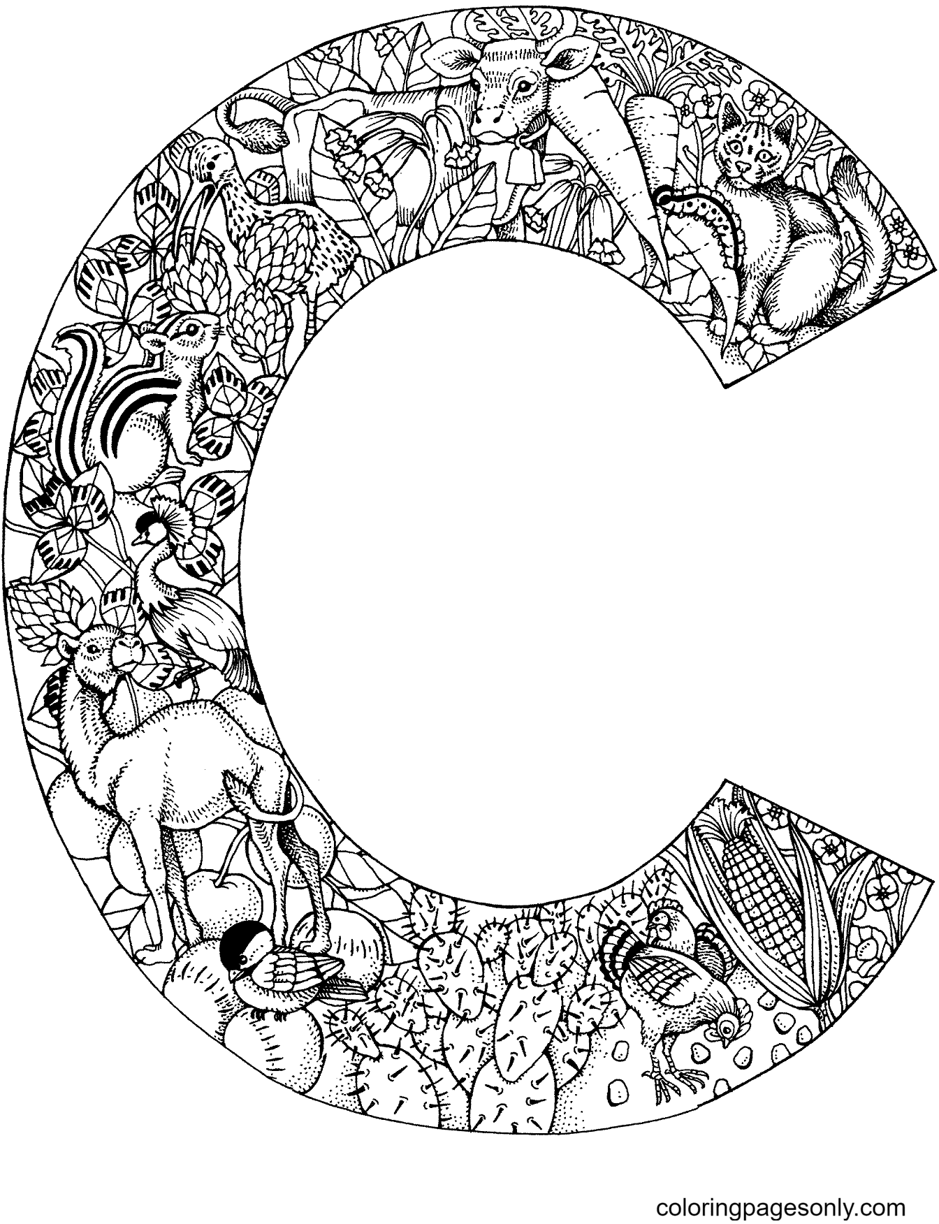 Letter C with Animals Coloring Page