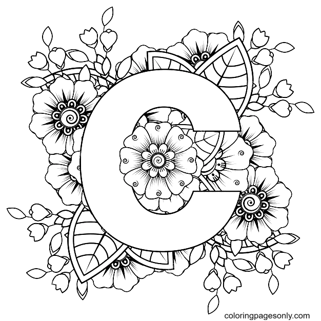 Letter C with Flower Coloring Page