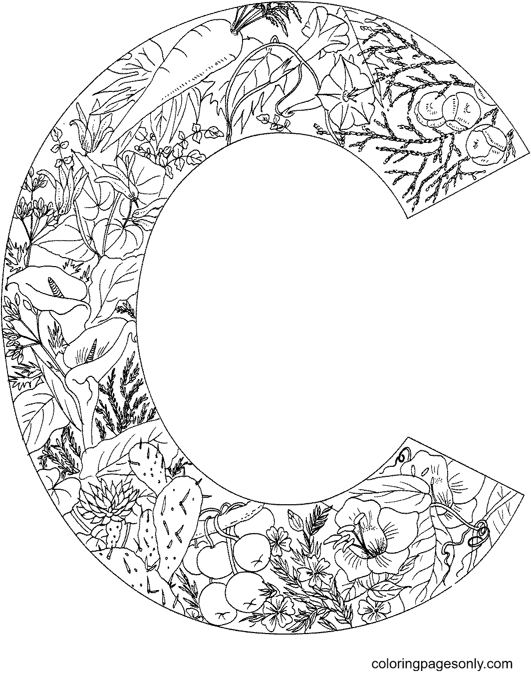 Dibujo de Letra C con Plantas para Colorear