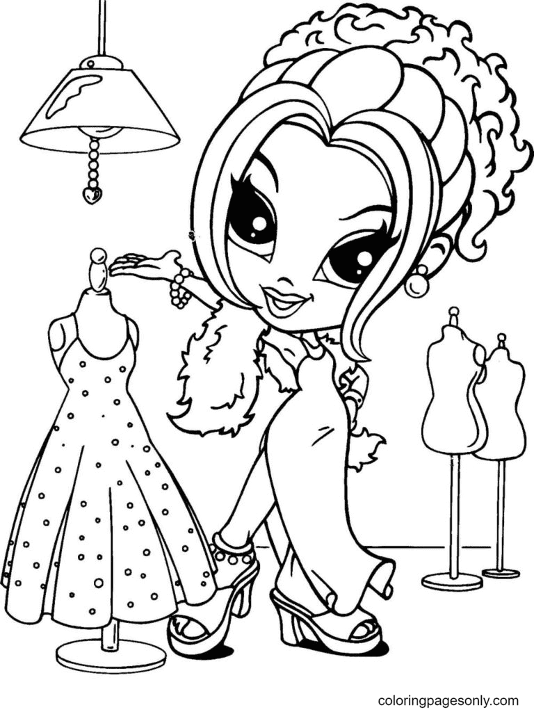 Lisa Frank in una pagina da colorare di un negozio di moda