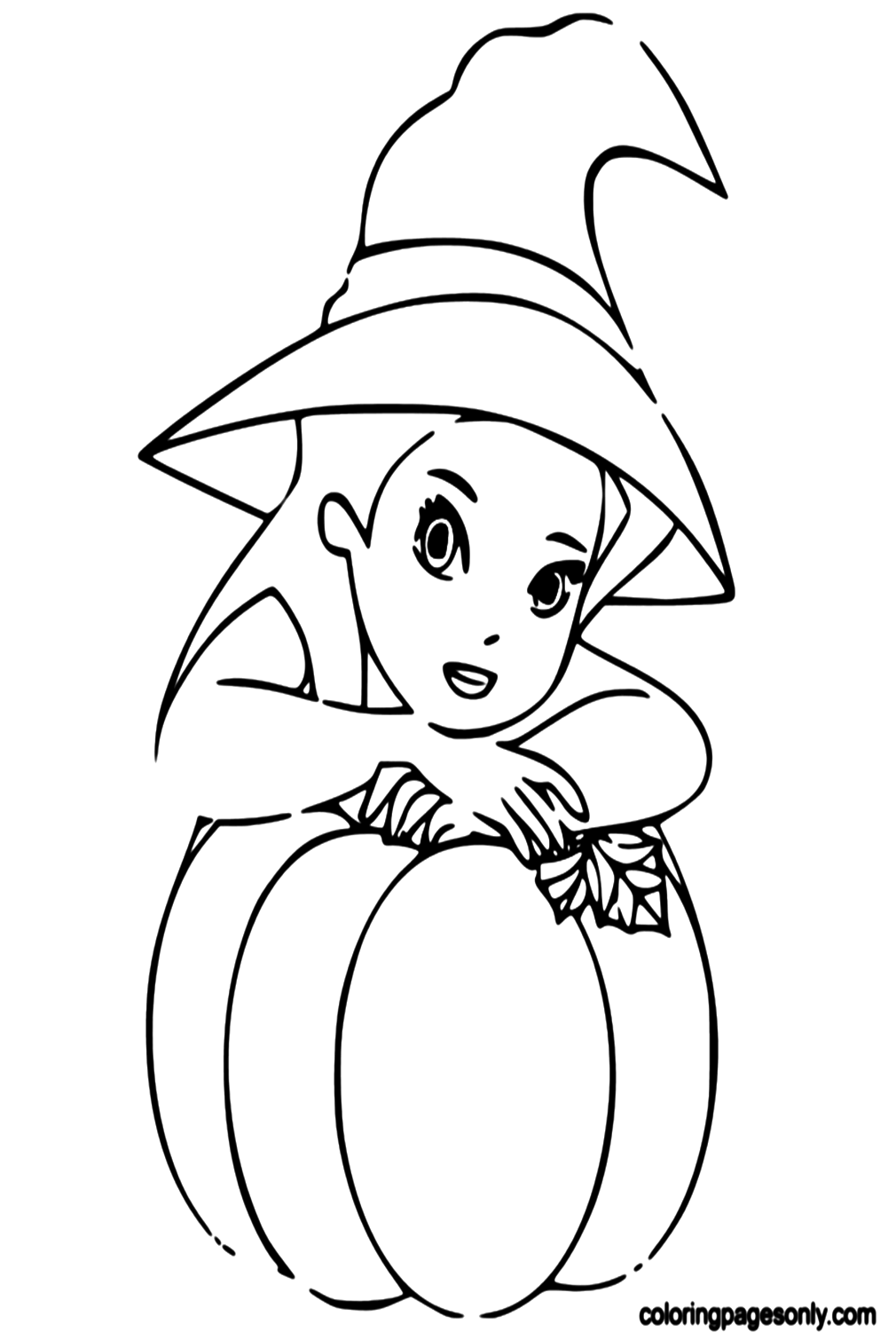 Little Girl Wearing a Witch Hat on Halloween Coloring Pages