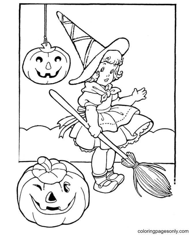 Little Witch with Pumpkin Lights Coloring Pages