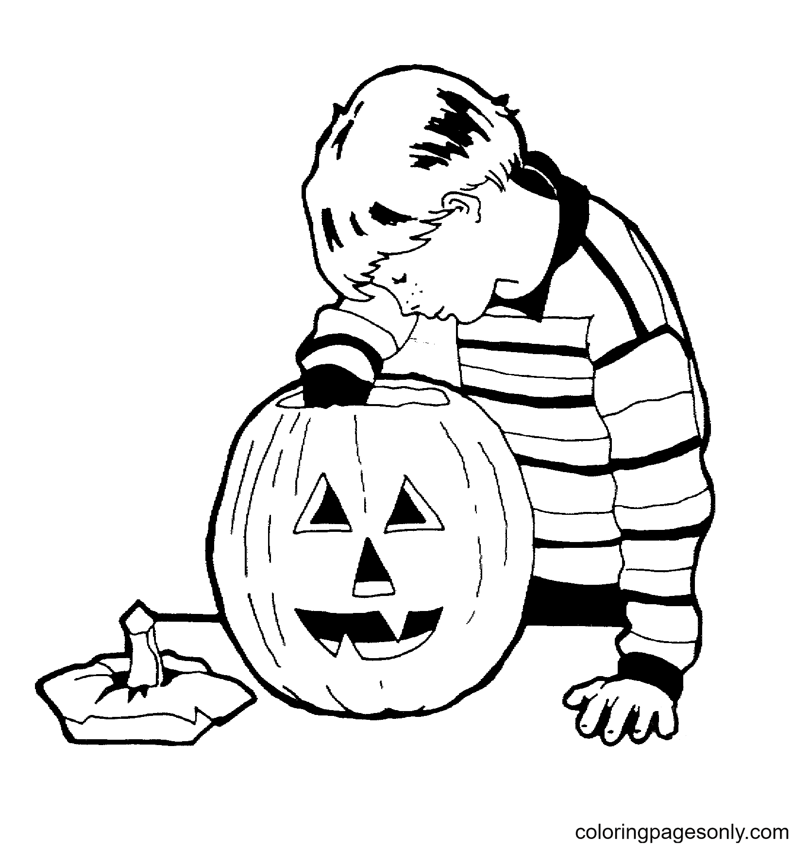 Little boy is carving the pumpkin Coloring Page
