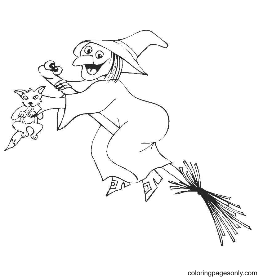 Heks met lange neus, zittend op een bezem van Halloween Witch