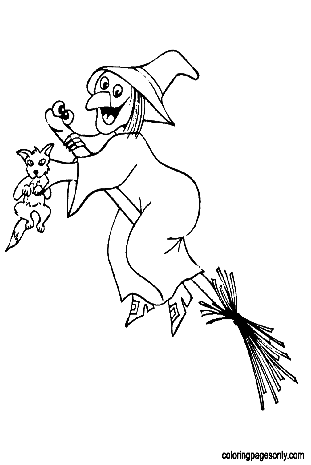 Long Nose Witch Sitting on Broom Coloring Pages