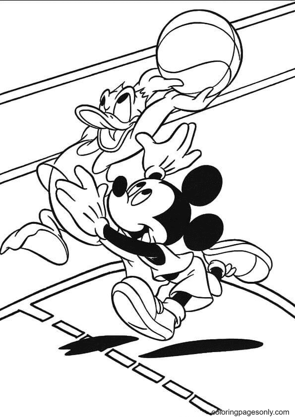 Desenho de Mickey e Donald jogando basquete para colorir