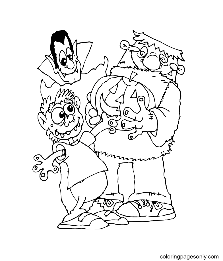 Monsters and Pumpkin Lamp on Halloween Coloring Pages