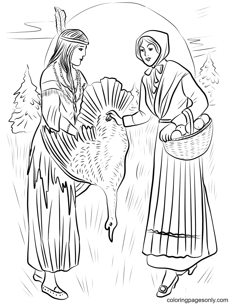 美国原住民妇女与朝圣者女人分享火鸡彩页