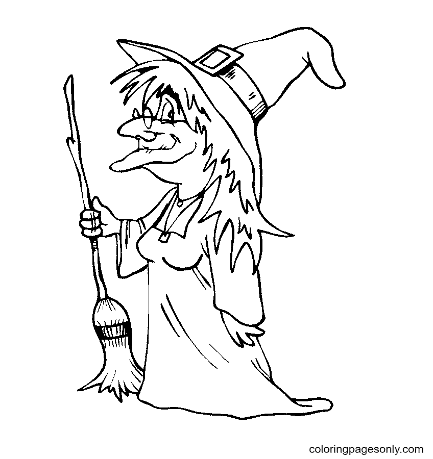 Old Witch with a Broom Coloring Page