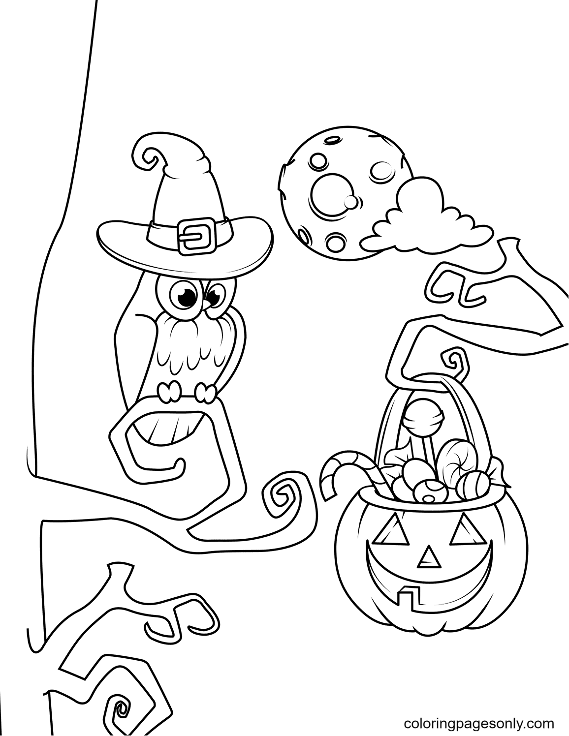 Owl and Jack O Lantern with Candies Halloween Coloring Page