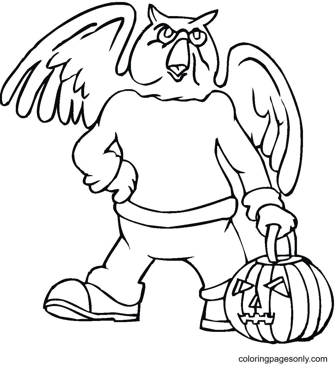 Owl with Pumkin Basket Coloring Page