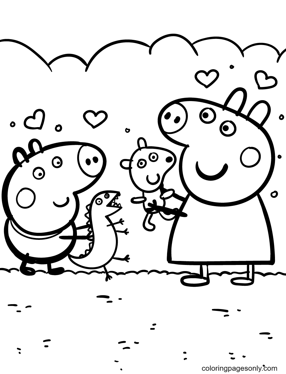 Peppa, George,Teddy and Dinosaur Coloring Page