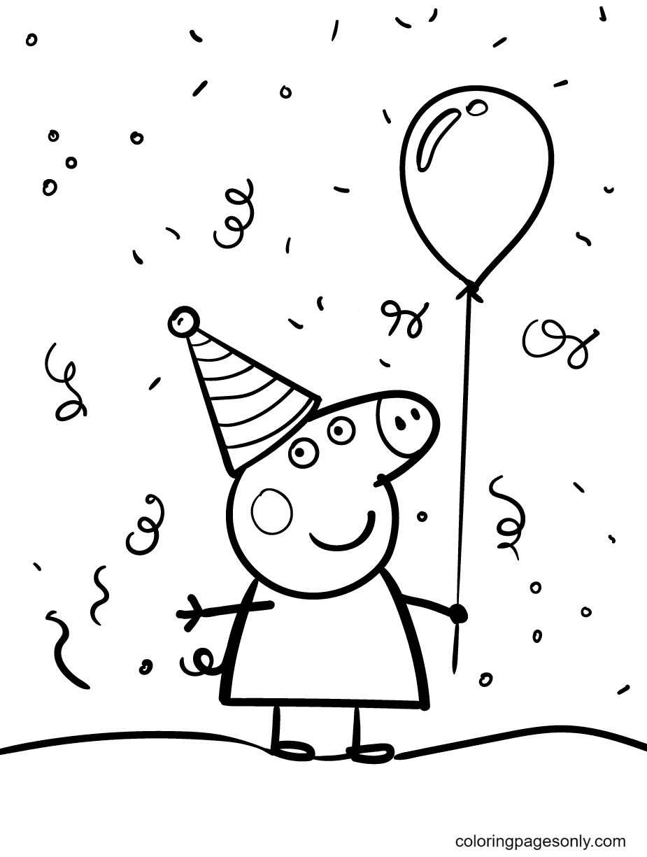 Peppa hält einen Luftballon und trägt einen Geburtstagshut von Peppa Pig