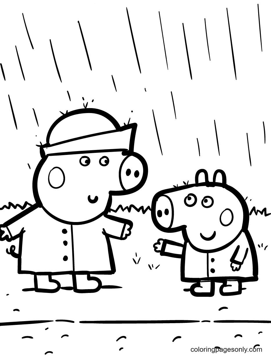 Peppa en George staan ​​onder de regen van Peppa Pig