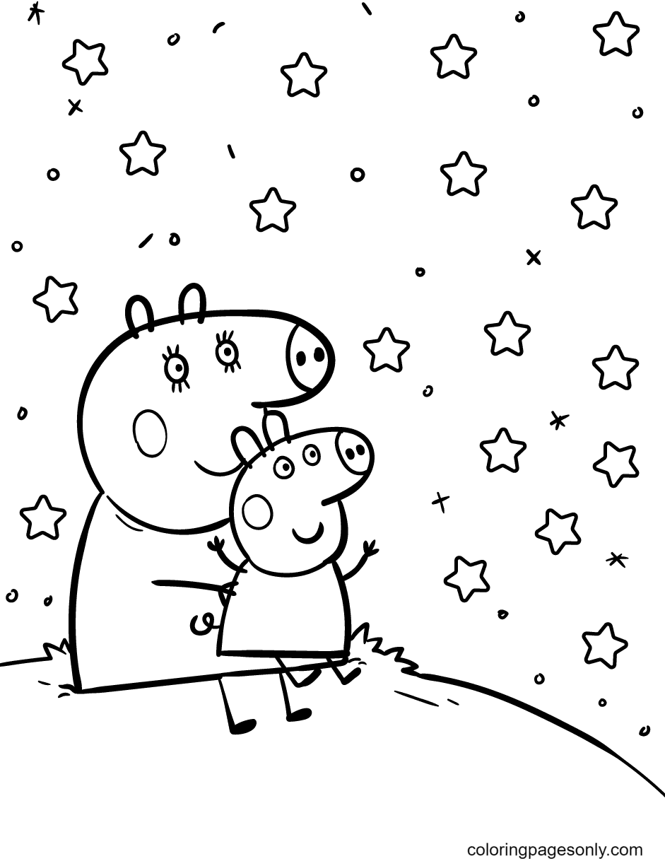 Coloriage Peppa et Mummy Pig qui regardent les étoiles