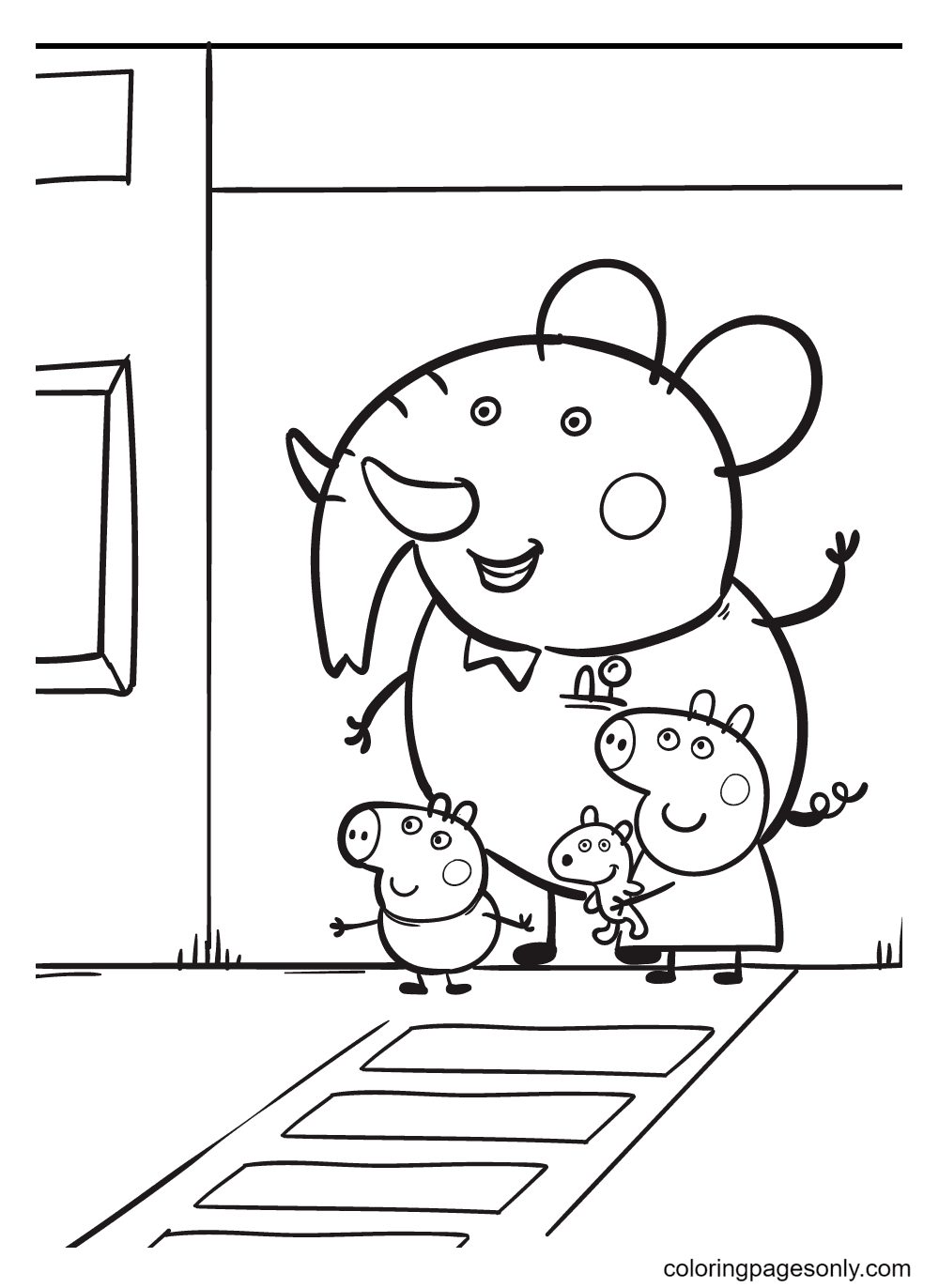 Peppa with George and Emily Elephant Coloring Page