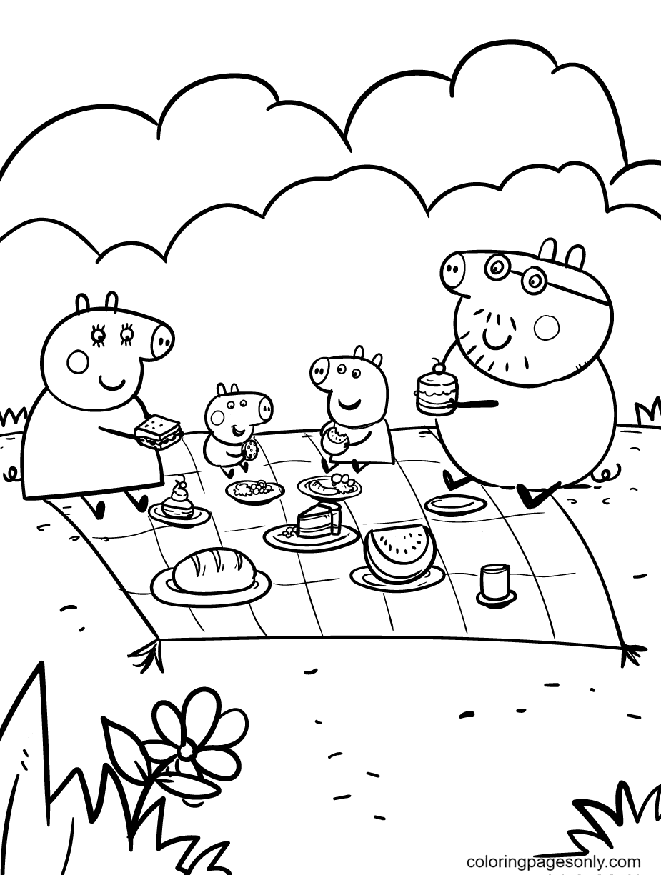 Peppa's Family Going On a Picnic Coloring Pages - Peppa Pig Coloring
