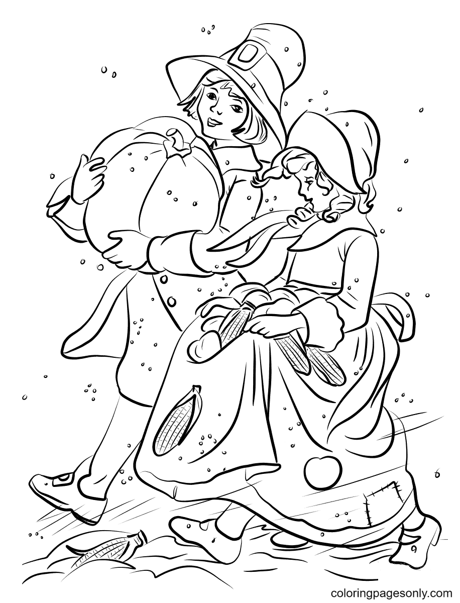 Desenho para colorir de menino e menina peregrinos carregando abóbora e calos