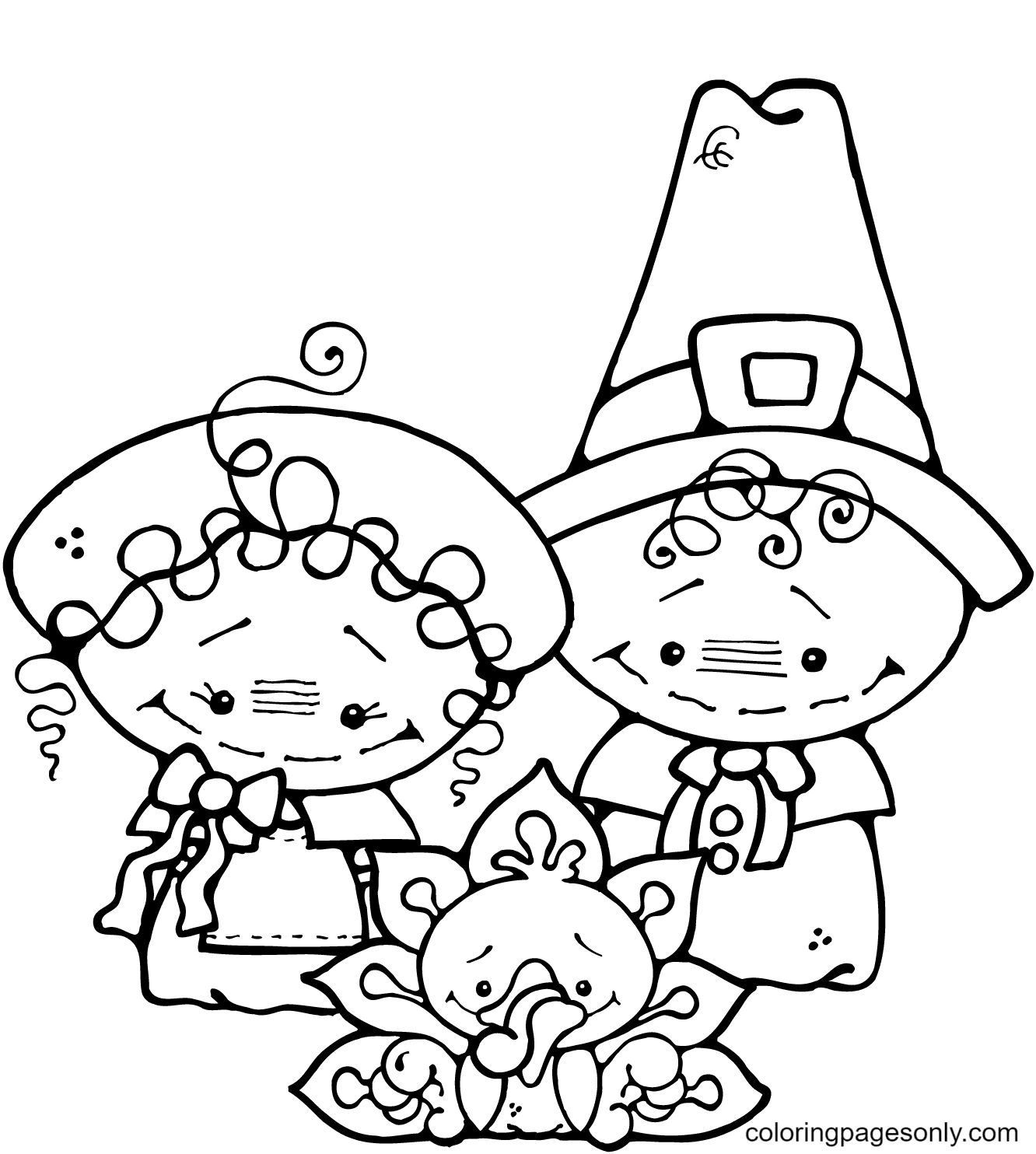 Desenho de menino e menina peregrinos com peru para colorir