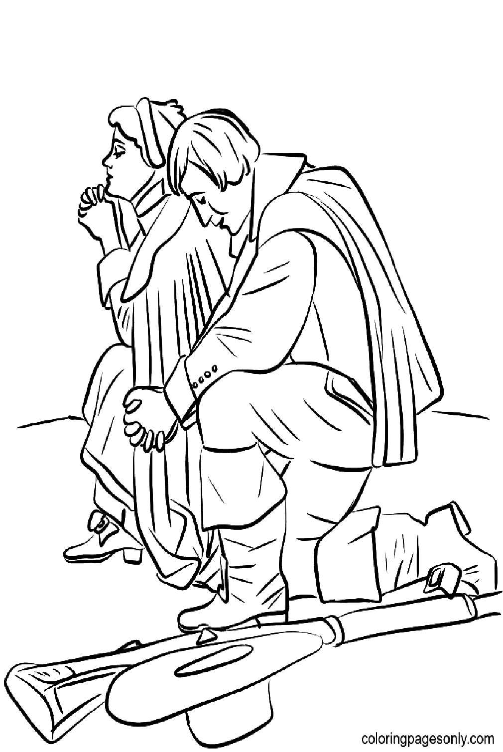 Casal peregrino ajoelhado em oração no Dia de Ação de Graças